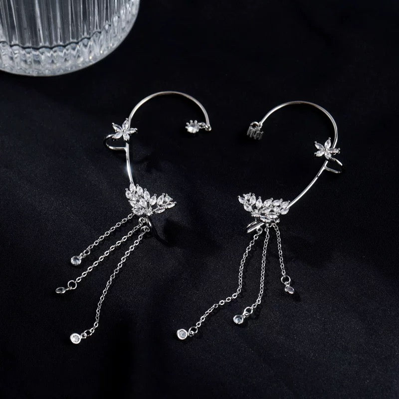 Silver butterfly ear cuff with dangling tassels