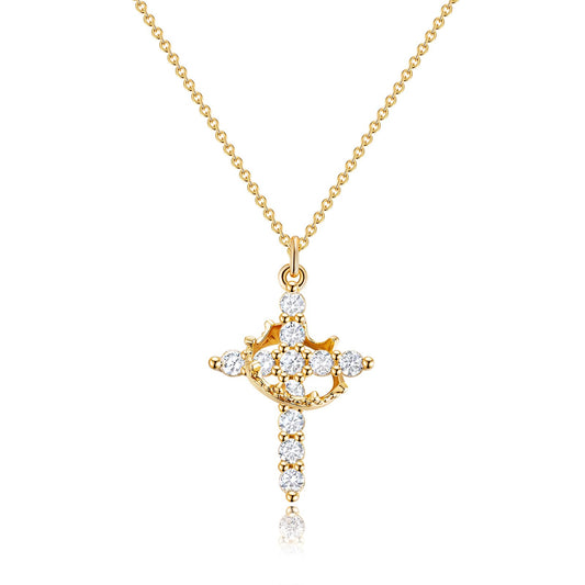 14K Gold Crown Cross Pendant Necklace